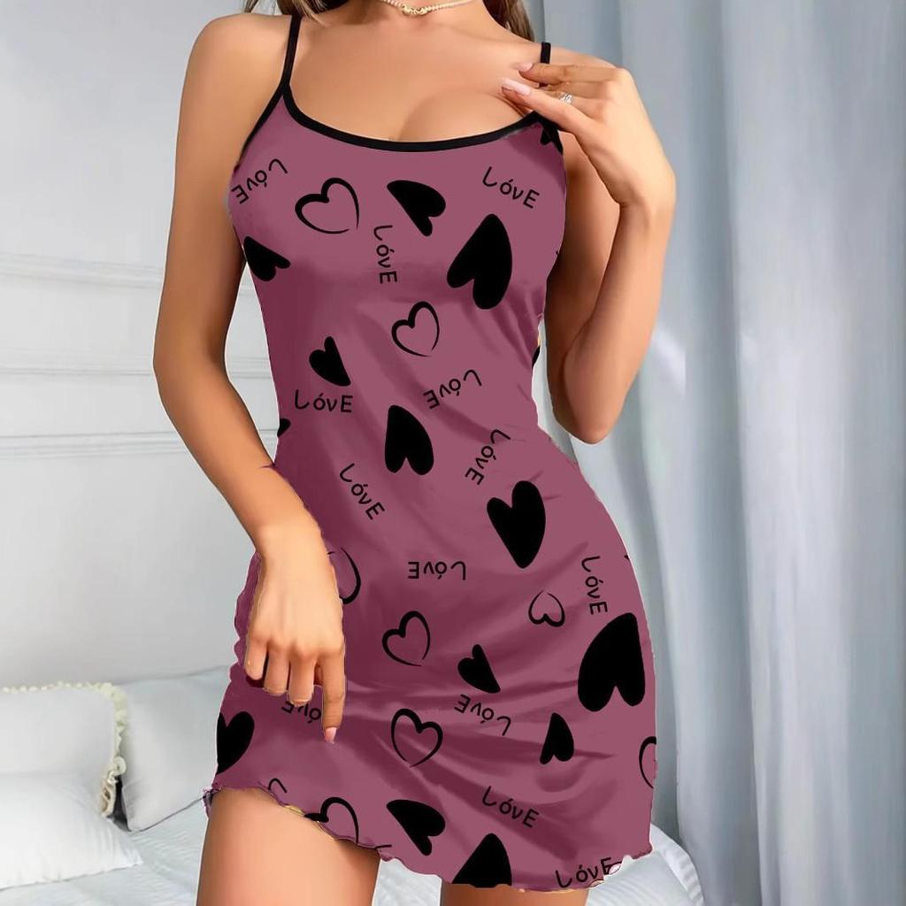 European Summer Strappy Heart Print Short Skirt Nightgown Dress