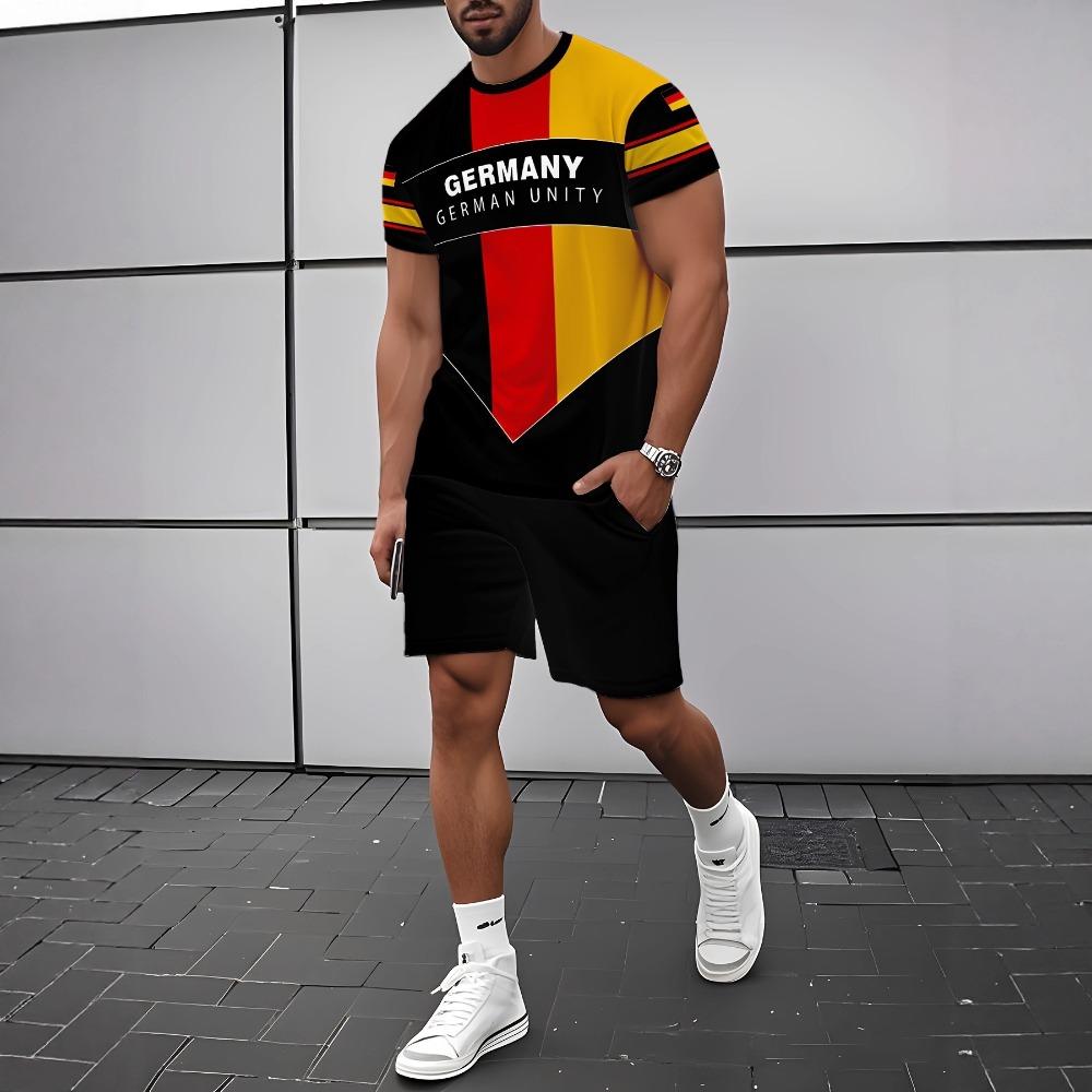 Men s Summer Comfortable Fashionable Letter Stripe Theme 3D Printed 2-piece Set Leisure Loose Oversized Breathable Sports Wear S