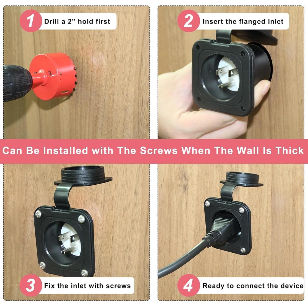 KUNCAN 15A AC Port Plug - 125V Power Inlet Socket With Triple 18 Inch Extension Cord, NEMA 5-15 Plug Flanged Inlet With Waterproof Cover Outdoor