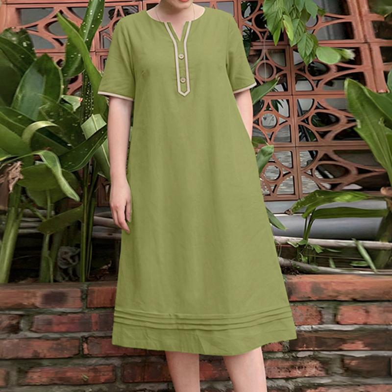 ZANZEA Women Casual V-Neck Summer Loose Short Sleeve Midi Dress 3XL