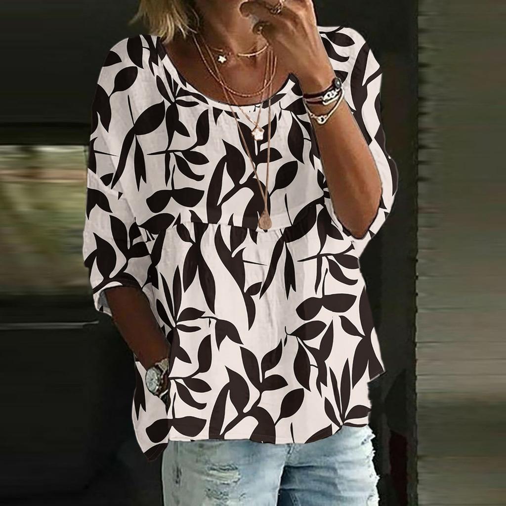 Dame Casual Mote Trekvartsermet Løs Rund Hals Blomsterprint Topp