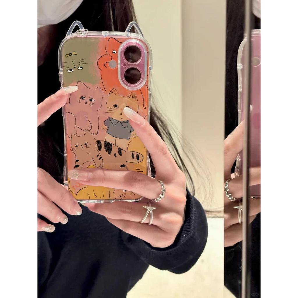 Color Graffiti Cat Applicable Apple 17/16Promax Cat Ears Phone Case IP Air Transparent 15/14 Soft