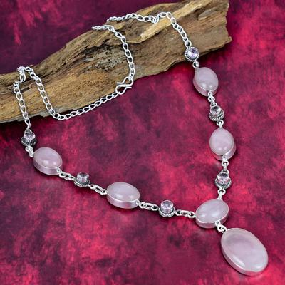 Handgefertigte Halskette aus Rosenquarz und Kunzit im neuesten Design, 925er Sterlingsilber, Edelsteinkette, Geschenk für die Mutter