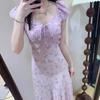 French sexy V-neck floral dress women's summer temperament waist long dress coffee break dress seaside vacation dress