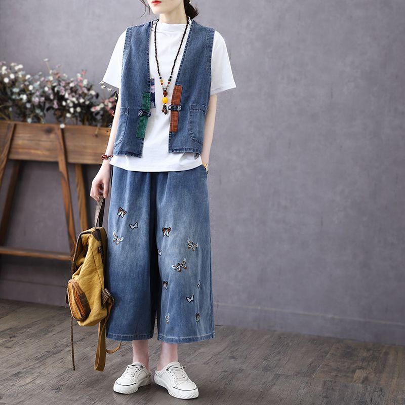 Artistic Retro Contrasting Color Plate Buckle Denim Vest Women's Summer Thin Loose and Versatile Sleeveless Top Camisole Vest