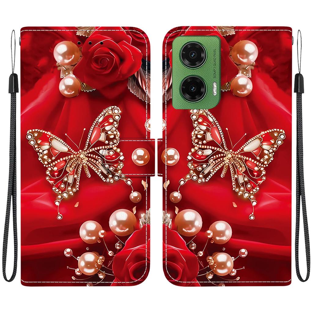 Handmade PU Leather Flip Case for Motorola Moto G35 Anti-Slip Shockproof Cover with Wrist Strap & Heart/Rose Cat Designs