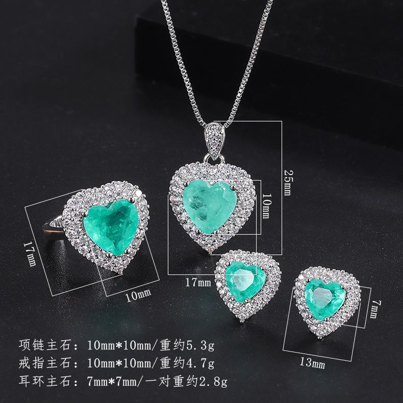 Cross Border Blue Heart-shaped Gemstone Inlaid Pendant Simulation Paraiba Necklace Ring Earring Three Piece Set