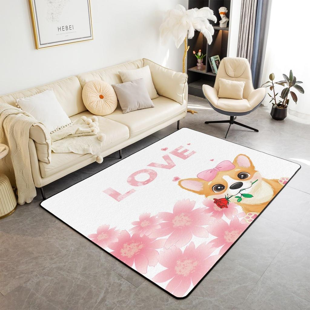 Cute Dog Print Area Rug Cartoon Corgi Pet Bones Living Room Rugs Playmat Lovely Puppy Animals Decorative Rug Indoor Floor Mat