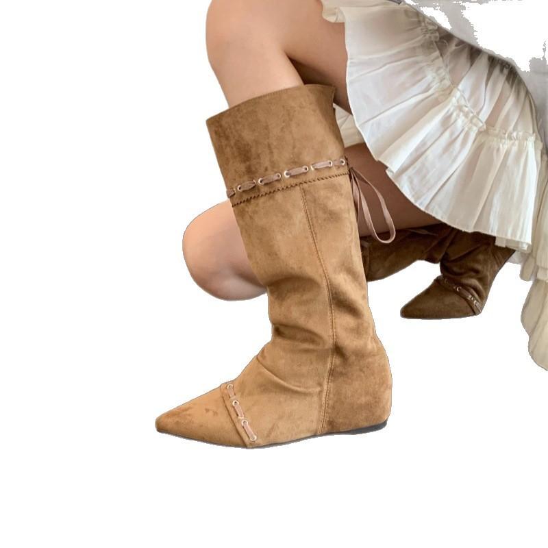 "Wasteland Spice Girls" Inner Heightening Western Cowboy Boots Women's Autumn and Winter Pile Boots Lace-up Skinny Knee Boots