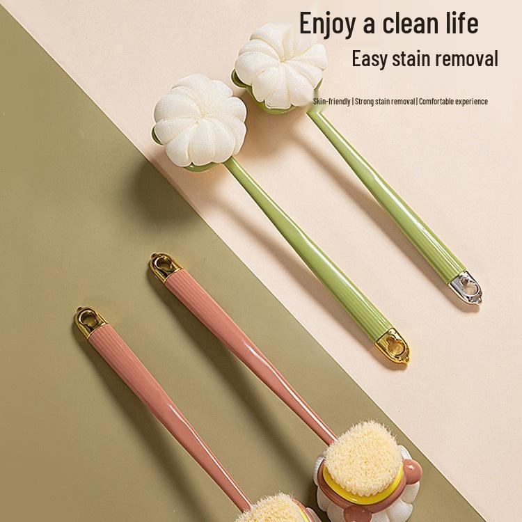 Long-Handle Soft Silicone Double-Sided Shower Brush with Back Scratcher and Mud Scraper