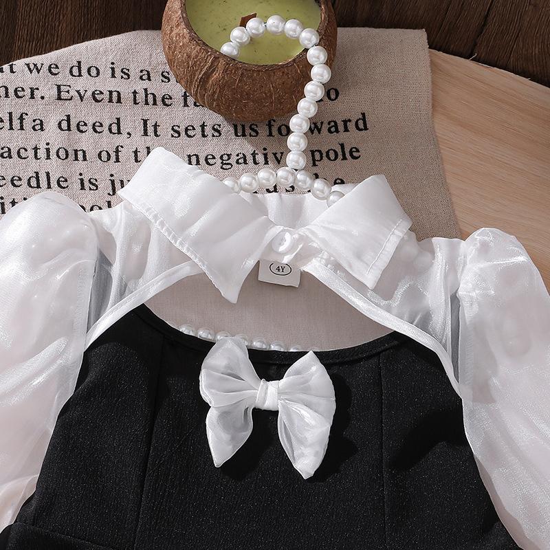 Girls Dress Autumn New Korean Version Children Sweet Cute Style Bow Mesh Long Sleeve Princess Dress