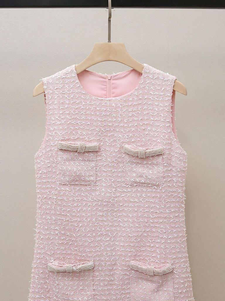 Jesienna sukienka kamizelka SP: Francuski Styl Słodki, Teksturowany, Kokardka Z Koralików, Z Kieszeniami