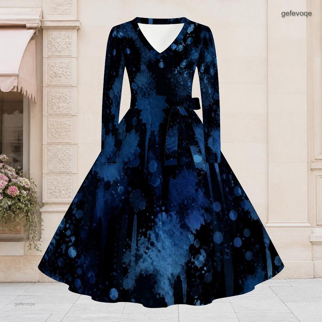 Women Plus Size V Neck Long Sleeve Green Yellow Printed A Line Midi Dress With Belt