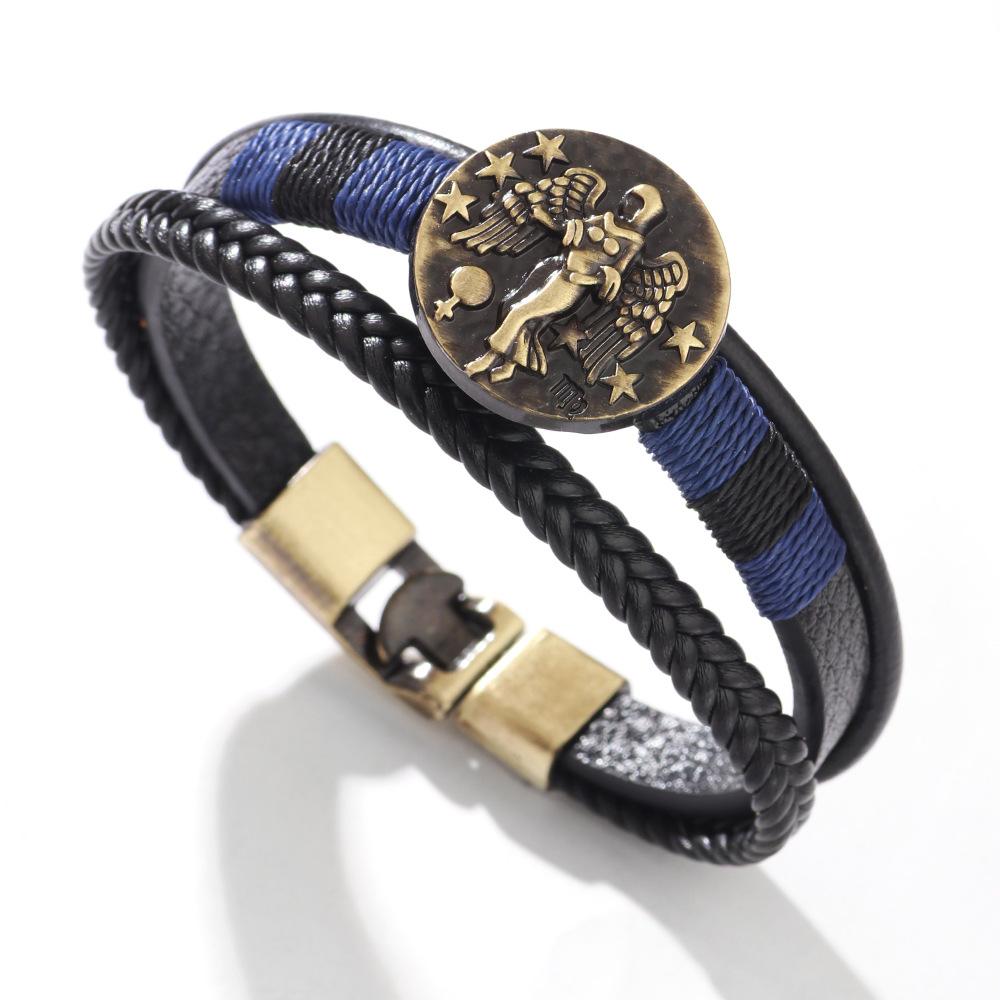 JMXD 12 Zodiac Punk Style Studded Leather Bracelet Hand-Woven Rope Zodiac Band Fashion Accessory Unisex Gift