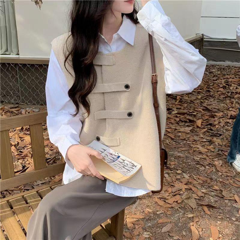 

Кардиган, жилет, свитер, осенний новый женский чистый сексуальный верхнее пальто, корейский дизайн на пуговицах, однотонный кардиган без рукавов с v-образным вырезом One Size темно серый