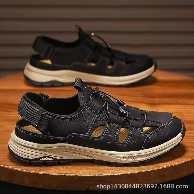 

Кожаные сандалии для улицы мужские полые дышащие дырки летние туфли 38 чёрный