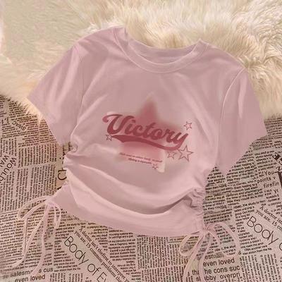 Sweet and Cool Pure Allure Style Fashionable Spicy Girl Straight-shoulder Short Top with Drawstring Short-sleeve T-shirt for Women, Summer Versatile