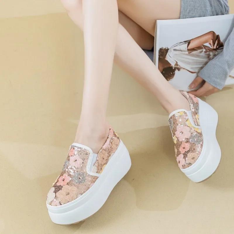 Fashion High Quality 8cm Synthetic Platform Wedge Flats Shoes Chunky Sneaker Casual Bling Leather Comfy High Brand Spring Autumn Shoes