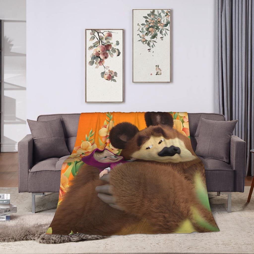 Morbida Coperta da Viaggio Cartone Animato M-Masha e Orso Coperta Plaid Flanella Copriletto per Arredamento Casa Motivo Copri Divano Letto