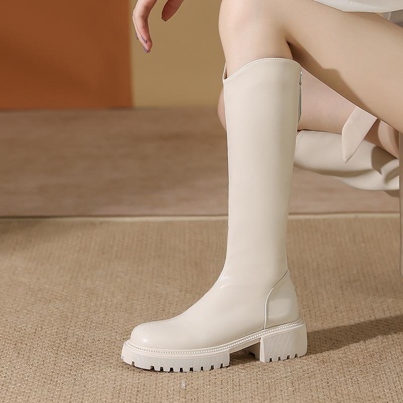 

Белые женские осенне-зимние ботфорты до колена, женские ботильоны на толстой подошве и маленьком каблуке, женские ботильоны на толстом каблуке средней высоты 35