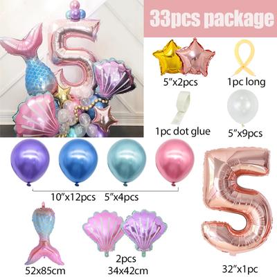 33pcs/set Mermaid Birthday Balloon Mermaid Tail Rose Gold Number Foil Balloons Kit Kids Little Mermaid Theme Party Decorations