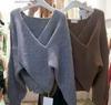 Women's Korean Style Cross V-Neck Sweater - Plain Color, Loose Design, Long Sleeve Knitwear for Autumn/Winter 2026.
