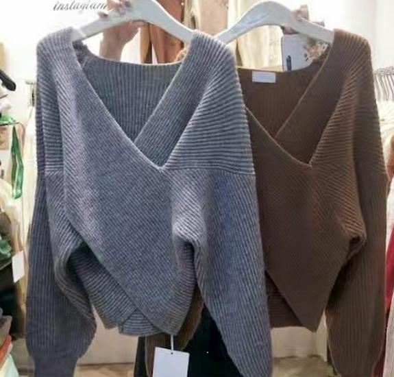 Women's Korean Style Cross V-Neck Sweater - Plain Color, Loose Design, Long Sleeve Knitwear for Autumn/Winter 2026.