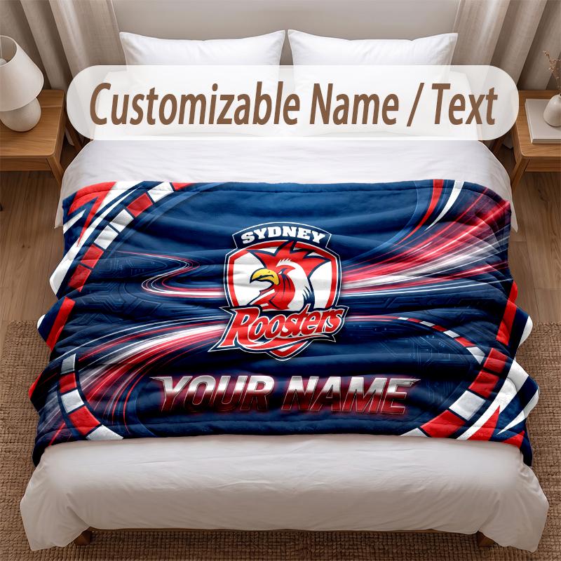 Sydney Roosters Printed Flannel Blanket Custom Name Text Soft Warm Throw For Bedroom Holiday Gift