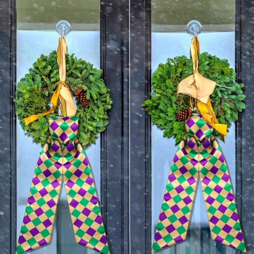 2 Pcs Mardi Gras Sash for Wreath Glitter Purple Green Plaid Scarf for Front Door Mardi Gras Gift Carnival Wreath Decor Carnival Party Decor Yard Wall