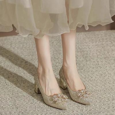 Frühlings Damen Schuhe Spitz Zehenbereich Kristall Fee Wind Sandalen Strass Transparent Dicker Absatz Mode