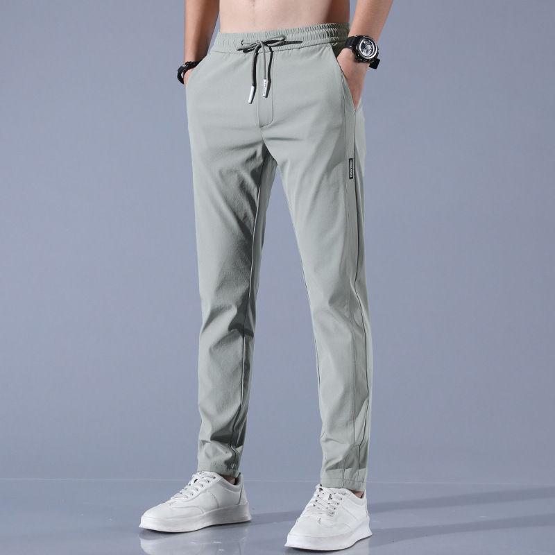 Men's Summer Ice Silk Korean Casual Pants - Thin, Straight, Color-Blocked