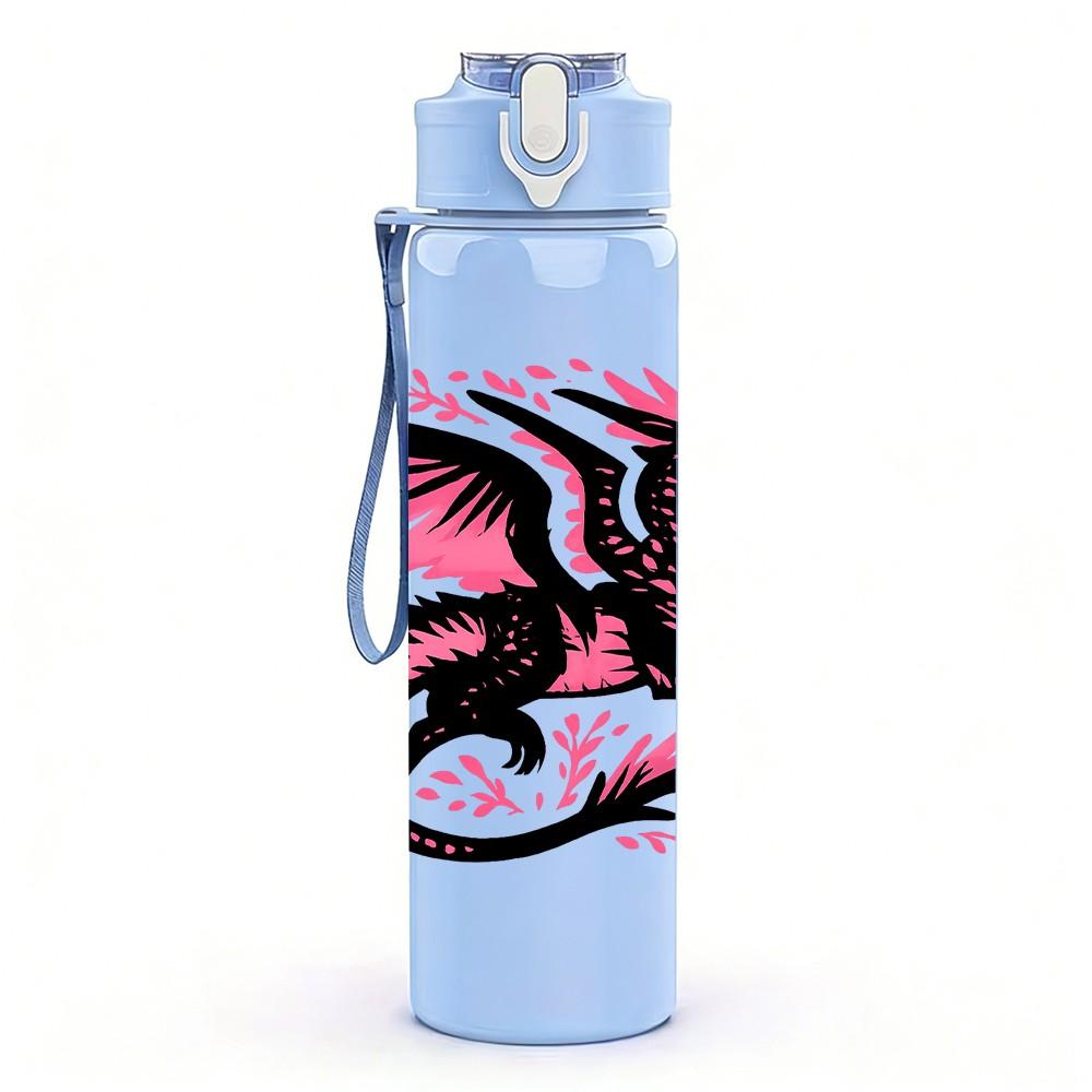 1PC Pink Black Dragon Art 750ml Color Plastic Sports Water Bottle Leakproof Flip Straw Lid Suitable for Sports Office Home Use