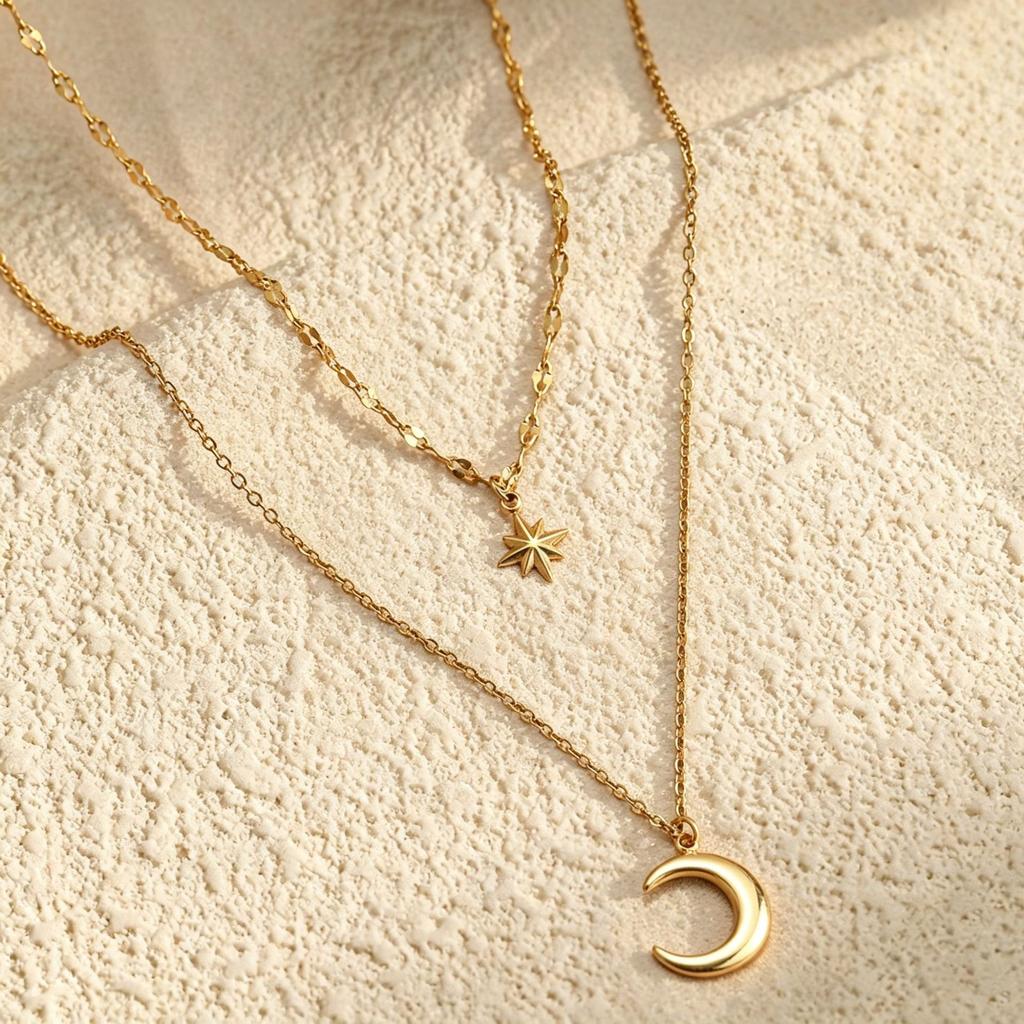 Hot-selling Octagram Double-layer Necklace Stainless Steel-plated 18K Niche Collarbone Chain Retro Moon Pendant Necklace
