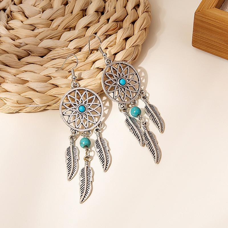 Turquoise Dreamcatcher Tassel Stud Earrings: Elegant Leaf Design, Hot-Selling Hollow Style for Women