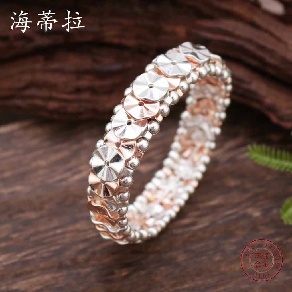 Geometrisches rundes Blume elastisches Armband, Roségold und Silber zweifarbige Spleiß Blütenblatt Legierungsarmband für Damen