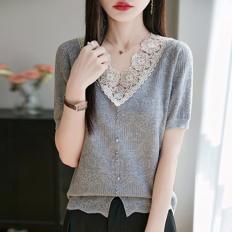 

Summer New Lace Jacquard Pullover French V-neck Knitted Sweater Short-sleeved Women XL сірий колір