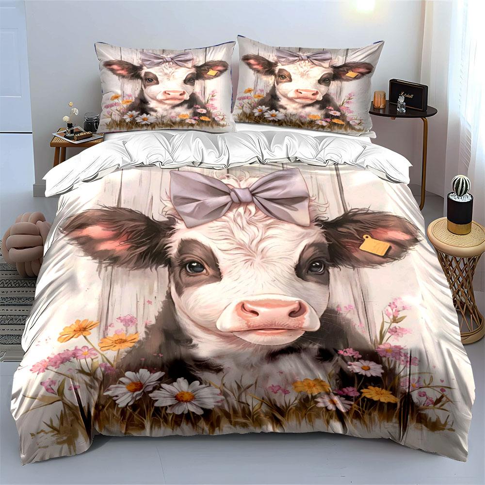 Cute Calf With Floral Decoration Duvet Cover Set With 3D Printing Design Soft Polyester Bedding Set All-Season Comfort