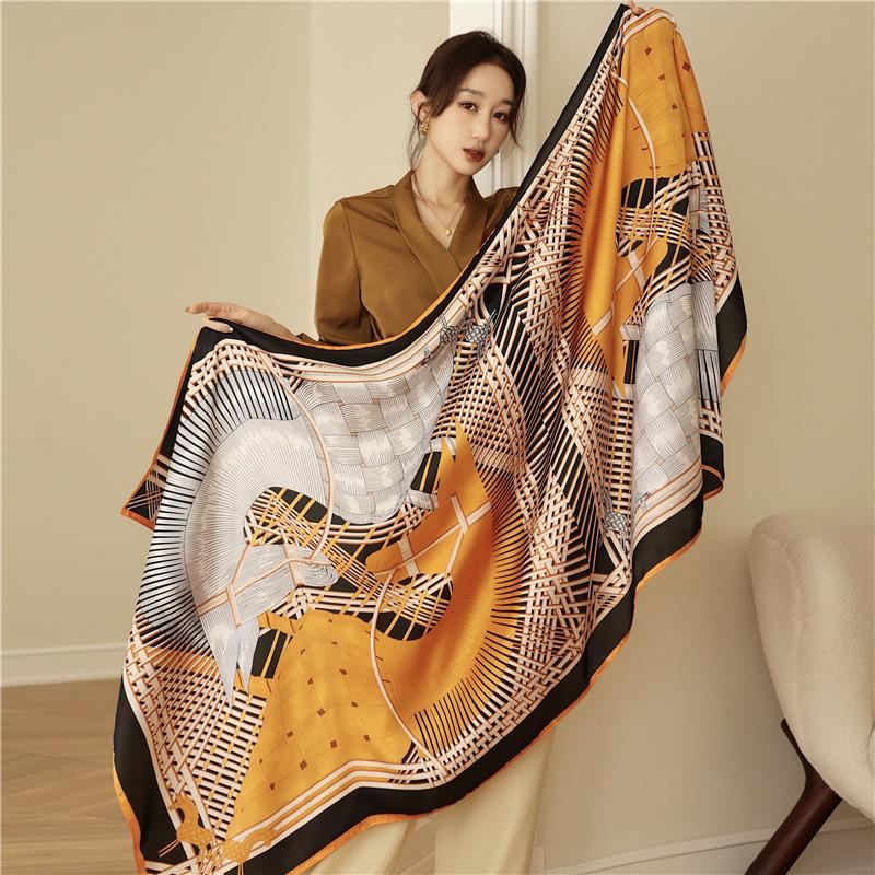 Elegant temperament ladies air-conditioning long shawl fashion colour blocking thin section holiday silk scarf scarf