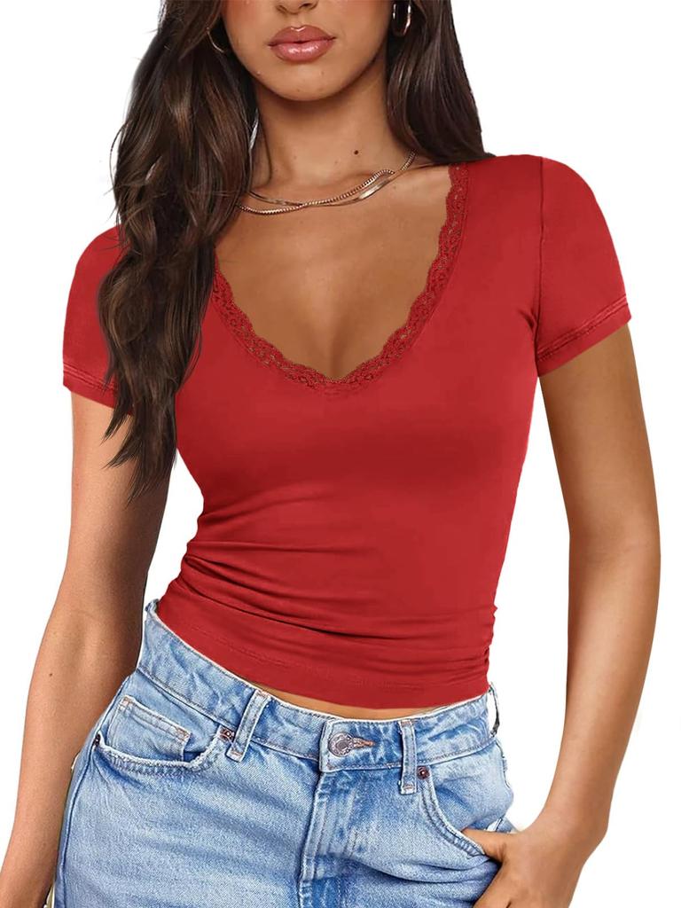 Womens Y2K Lace V Neck T Shirt Short Sleeve Slim Fit Going Out Top
