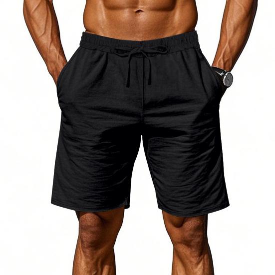 Men Summer Beach Shorts with Pockets Drawstring Elastic Waist Solid Color Versatile Casual Shorts for Daily Wear