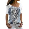 Sommer Neues Tiger Muster 3D Gedrucktes Damen Schräghals Slim Fit Kurzarm T-Shirt