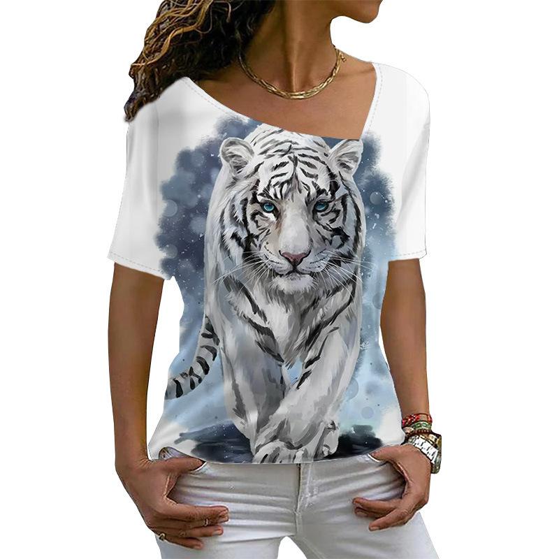 Sommer Neues Tiger Muster 3D Gedrucktes Damen Schräghals Slim Fit Kurzarm T-Shirt