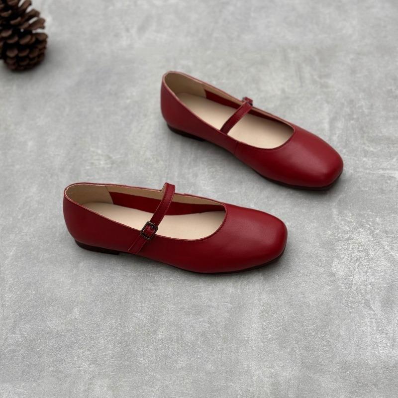 Mary Jane Leather Single Shoes Round Toe Flat Soft Cowhide Women's Shoes
