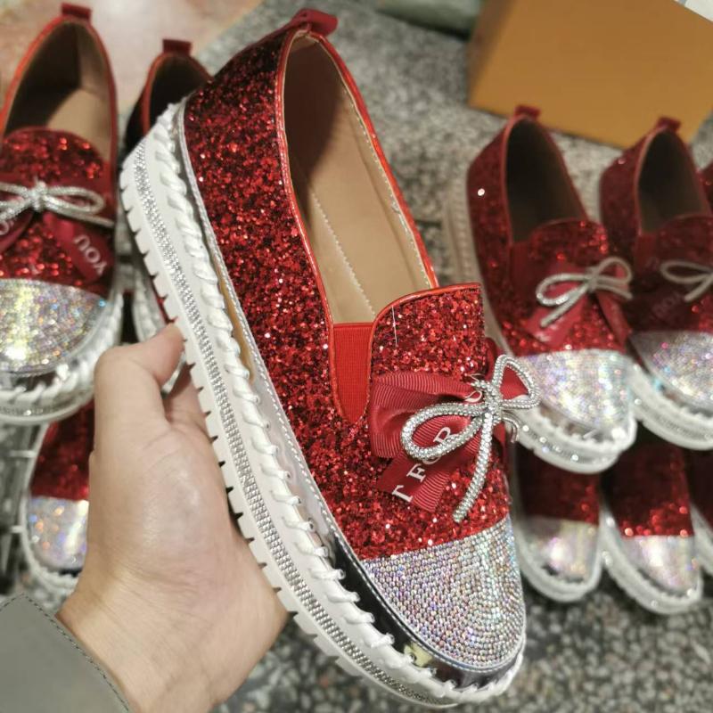 New Luxury Vulcanized Shoes Crystals Bowknot Sequined Platform Shoes for Women Loafers Couple Woman Fashion Shoes Plus Size 44