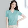 V-neck Ice Silk Short Sleeve T-Shirt Women Summer New Fashion Slim Fit Hollow Out Knitted  Short Top