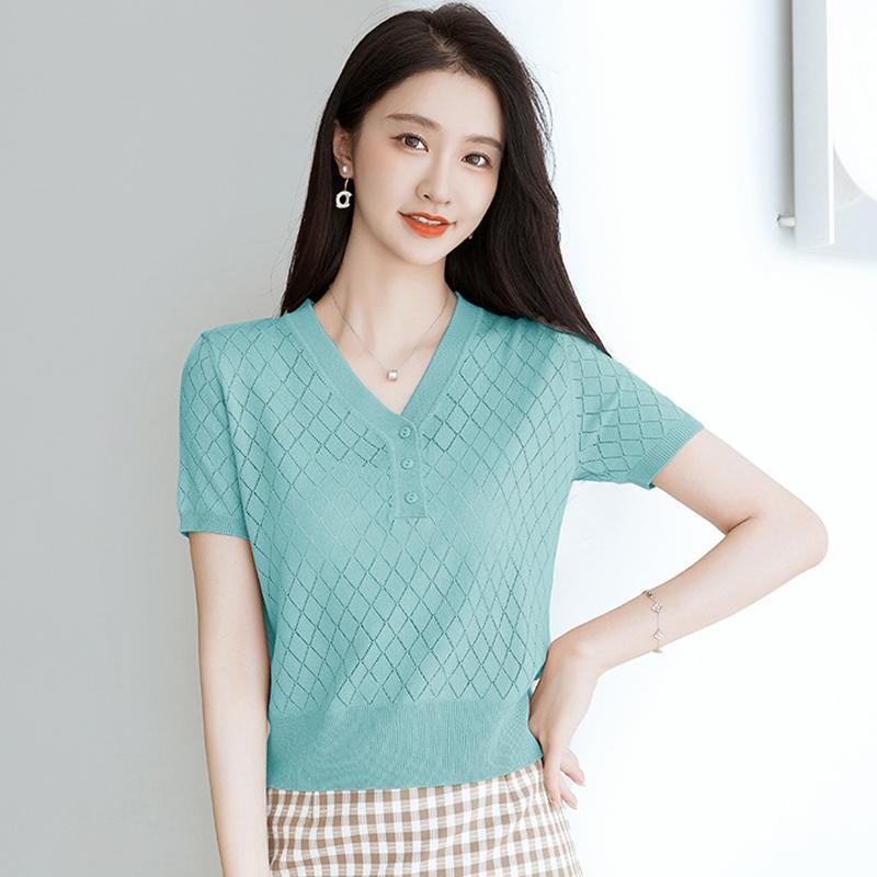 V-neck Ice Silk Short Sleeve T-Shirt Women Summer New Fashion Slim Fit Hollow Out Knitted  Short Top