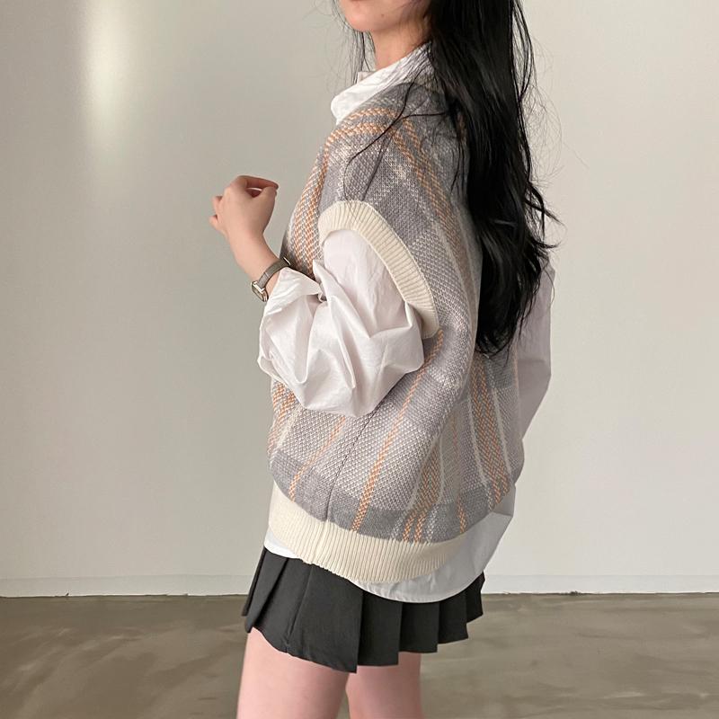 Ärmellose Weste Weste kariert übergroß Frühling Herbst Damen Pullover Pullover Strickwaren Tops