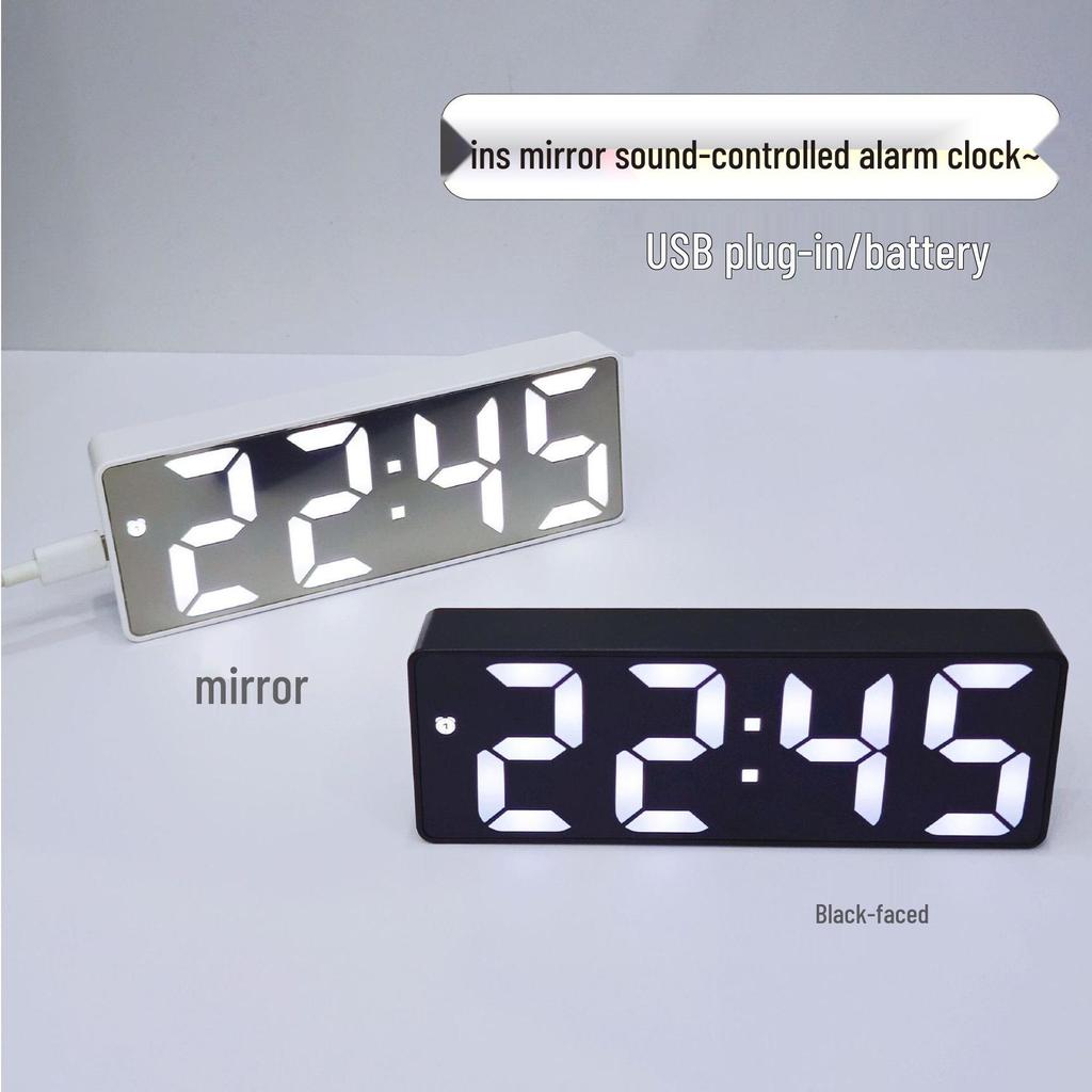 Compact LED Mirror Surface Alarm Clock Silent Night Light Display Desk Clock