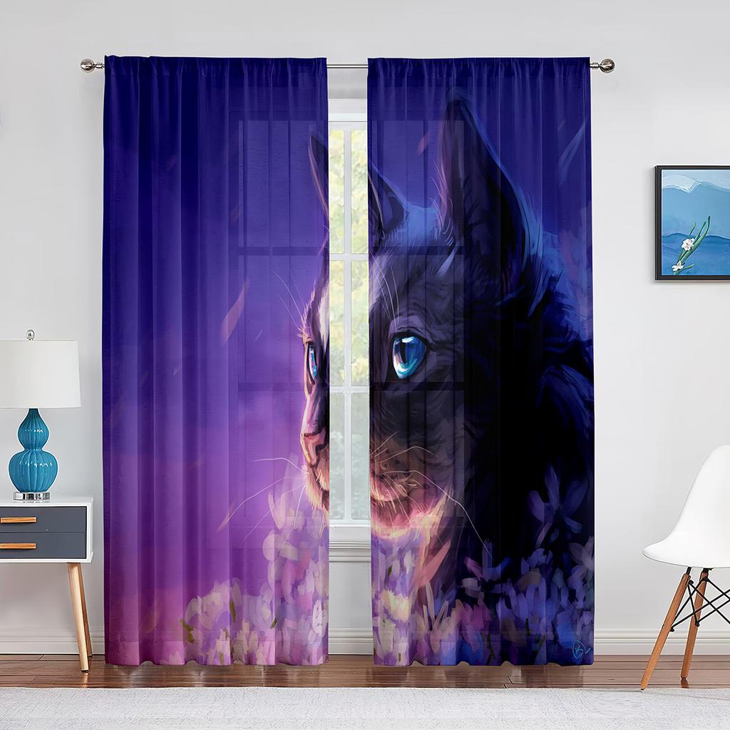 Niedliche Katzen Weltraum Kawaii Kätzchen Tüll Vorhänge für Schlafzimmer Flur Wohnzimmer Dekor Chiffon Sheer Voile Vorhang Küche Vorhänge