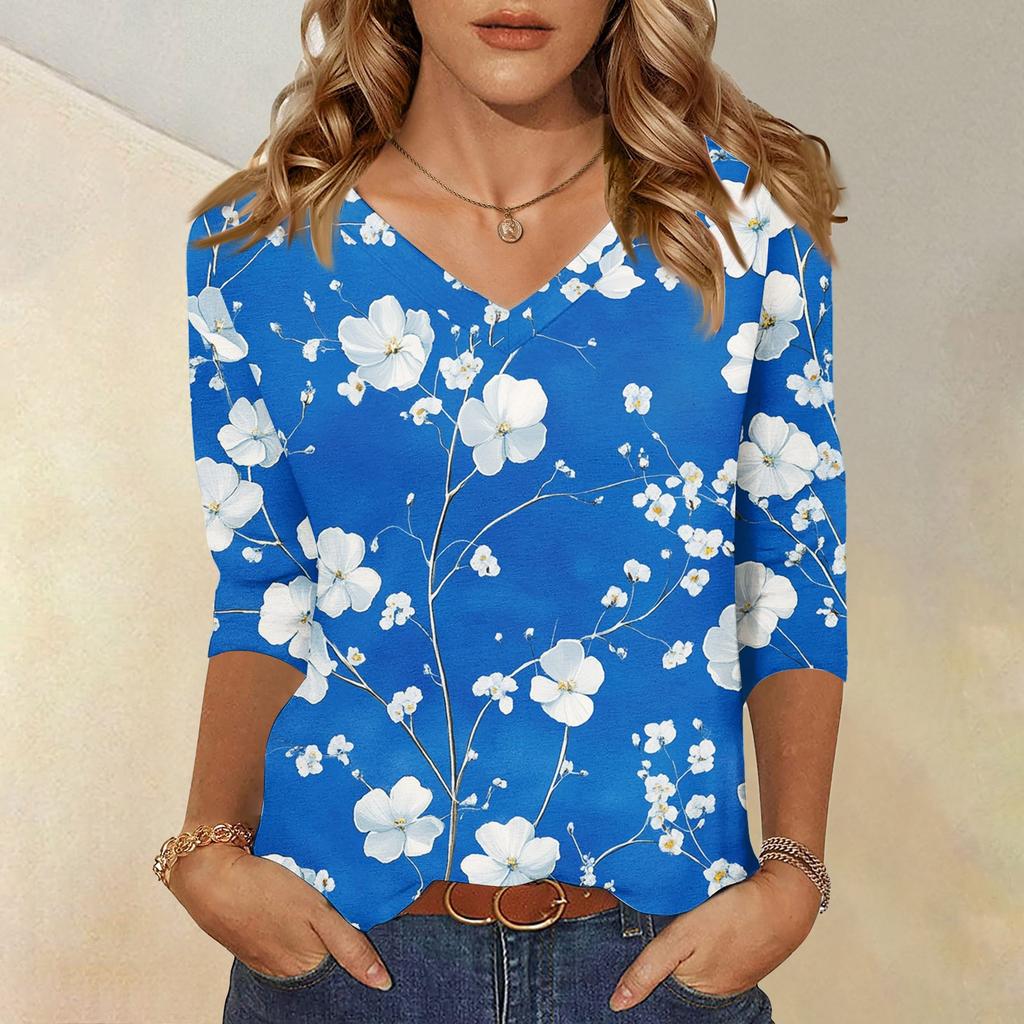 Women's Tops Three-quarter Sleeve Shirt V-neck Loose Casual Shirt Floral Printed T-shirt